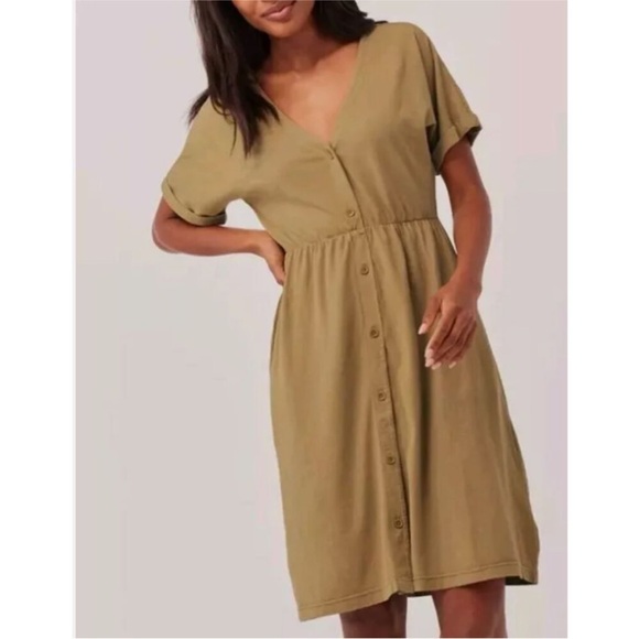 Pact Fennel The Portside Organic Cotton Linen Front Button Dress V Neck - Picture 15 of 15